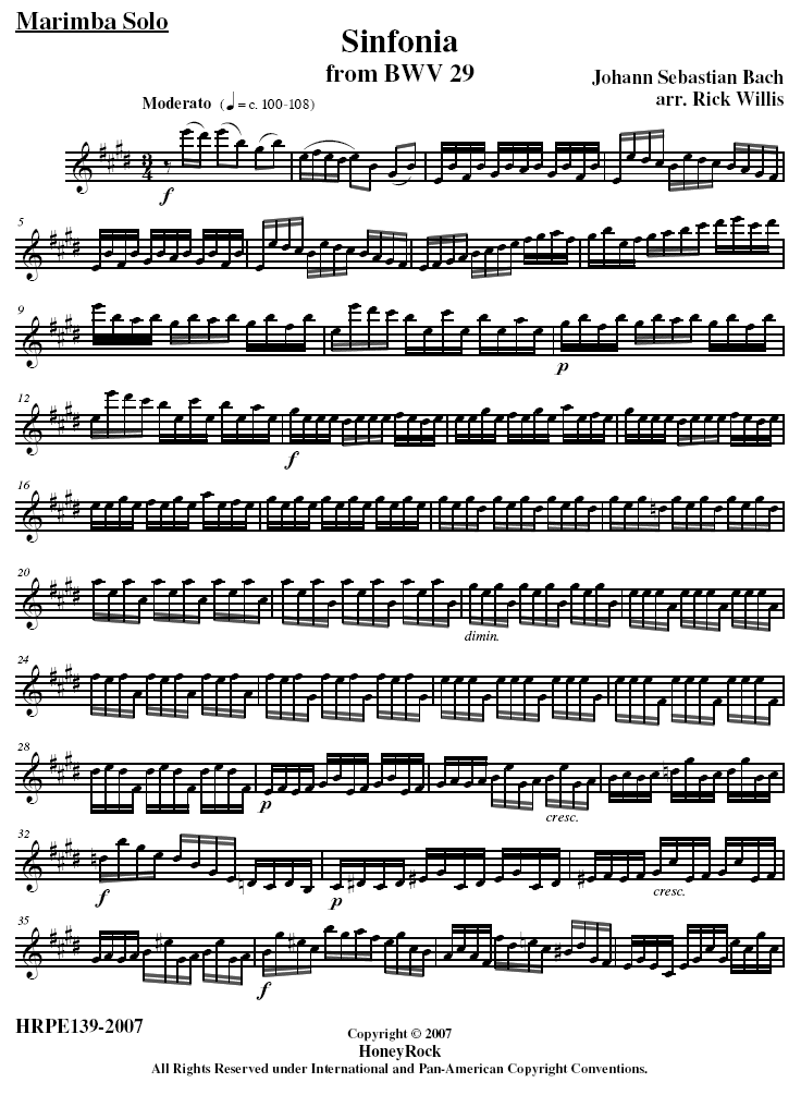 Sinfonia for Percussion Quintet adapted from Bach's - Cantata 29 "Wir danken dir, Gott, wir danken dir" (BWV 29)