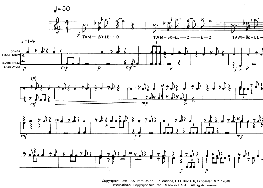 TAMBOLEO for Solo Percussion, Score Sample