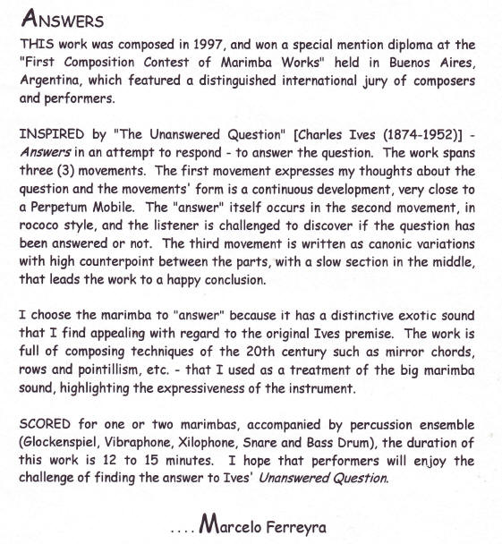ANSWERS for Solo Marimba with Percussion Quartet
