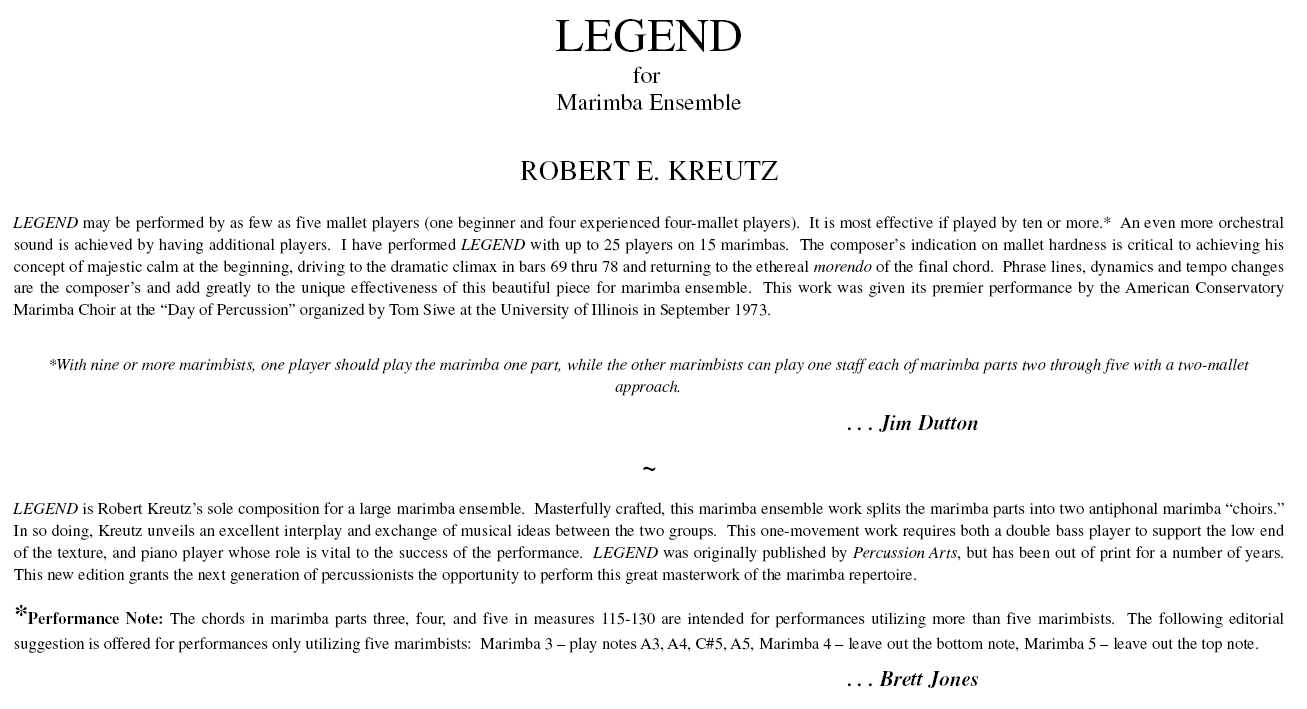 LEGEND for Marimba Ensemble, Robert E. Kreutz