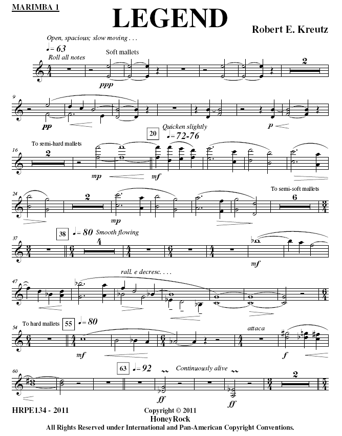 LEGEND for Marimba Ensemble, Robert E. Kreutz