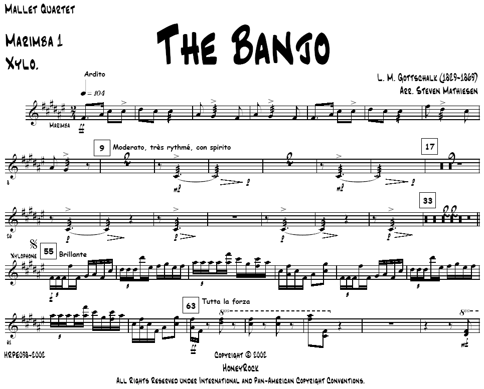 The Banjo arranged for Marimba Quartet, Score, Marimba 1/Xylophone