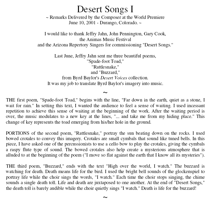 Desert Songs I,  for Choir and Percussion