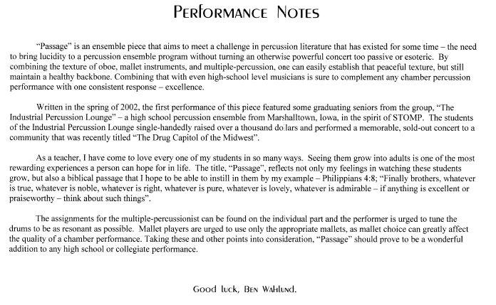 Passage, Performance Notes