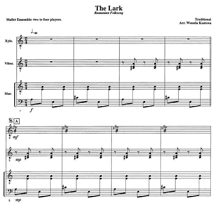 The Lark, Rumanian folksong - arranged for Percussion Ensemble