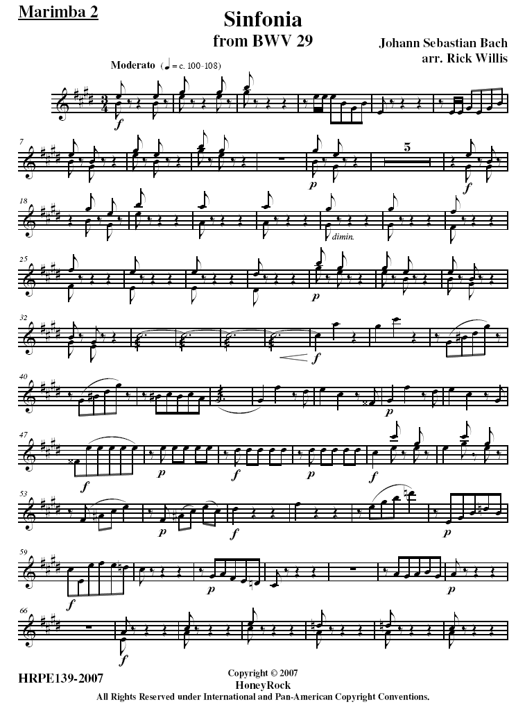 Sinfonia for Percussion Quintet adapted from Bach's - Cantata 29 "Wir danken dir, Gott, wir danken dir" (BWV 29)