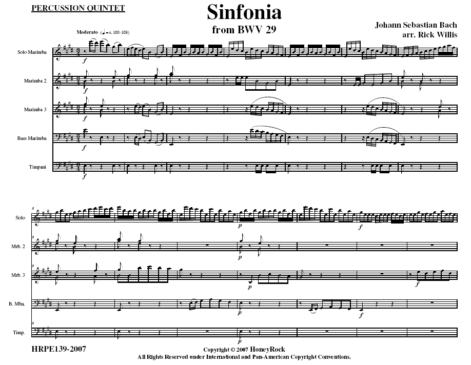 Sinfonia for Percussion Quintet adapted from Bach's - Cantata 29 "Wir danken dir, Gott, wir danken dir" (BWV 29)