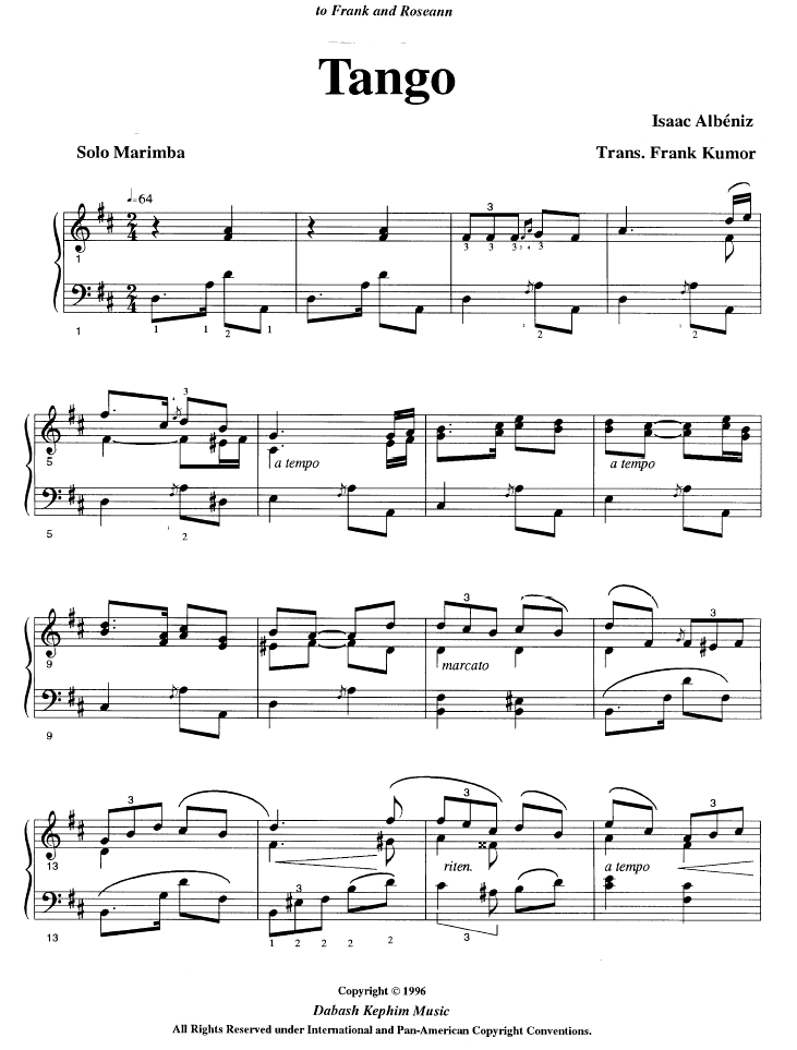 Tango, Arr. for Solo Marimba