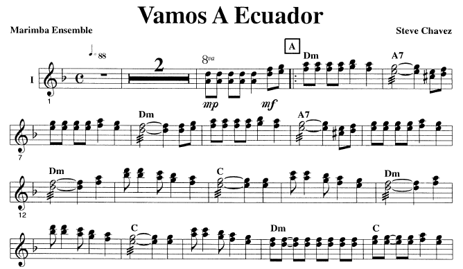 Vamos A Ecuador for Marimba Quartet